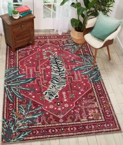 Vintage tribal rug with tiger and tropical leaves, soft imitation cashmere carpet for home decor.