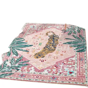 Vintage pink tropical tiger area rug, stylish retro decorative carpet for living room and bedroom.