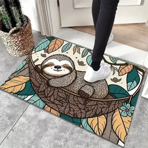 Detailed close-up view of the cute cartoon sloth doormat featuring soft fabric and lovely pattern.