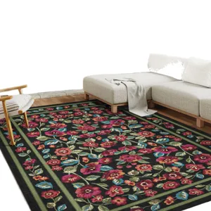 Tapis de salon floral rétro américain, grand tapis de sol noir effet cachemire pour canapé.