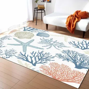 Coastal ocean theme rug detail featuring starfish and coral patterns for living room decor.