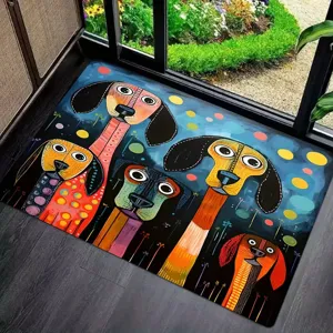 Close-up detail of the colorful cartoon dog abstract doormat placed at the entrance.