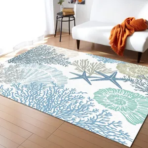 Marine style coral pattern area rug for living room, modern coastal home decor floor mat.