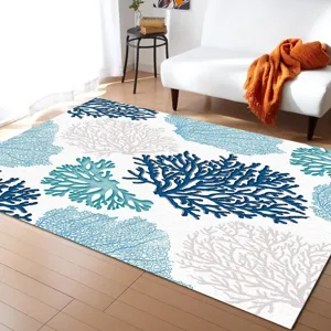 Modern Moroccan style living room carpet with blue coral pattern, soft floor mat for home decor.