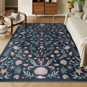 Vintage coastal living room rug with detailed marine shell pattern, perfect decor detail.