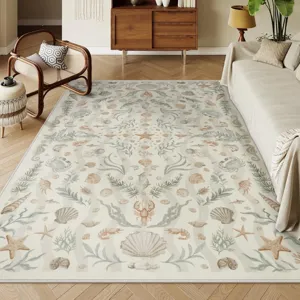 Coastal theme living room rug detail, retro marine shell and starfish pattern, soft fabric material.