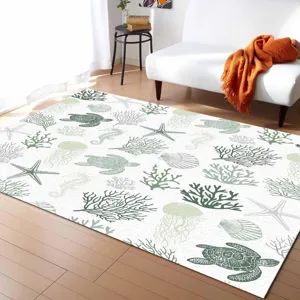 Ocean themed living room rug featuring green sea turtle and coral pattern for home decoration.
