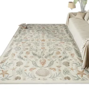 Vintage coastal area rug for living room with ocean shell and starfish print, soft floor mat.