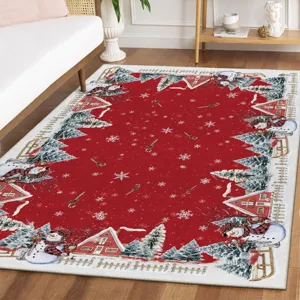 Cozy Christmas theme area rug with cute snowman and snowy village pattern for living room decor.