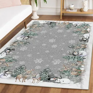 Christmas theme rug detail showing festive border with reindeers and snowmen for cozy home decor.