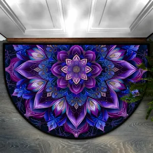 Purple mandala half-circle doormat detail, elegant floral pattern for entryway and hallway.