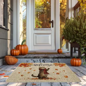 Detailed view of the autumn cat doormat, featuring welcome text and cute fall leaves design.