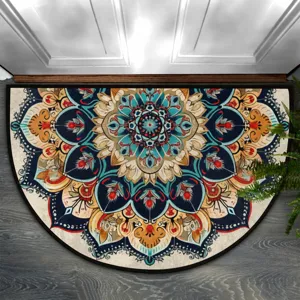 Semicircular doormat with vintage mandala pattern, detail view of entryway floor mat decoration.