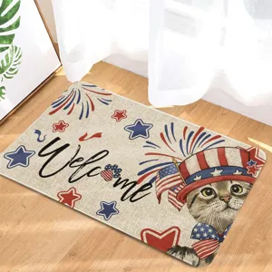 Close-up detail of the patriotic cat entrance doormat featuring a cute feline in a flag hat.