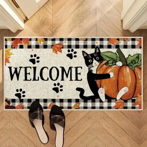 Thanksgiving Cat Pumpkin Welcome Door Mat Fall Harvest Cute Kitty Decorative Floor Mat For Porch Entrance Bathroom Home Decor