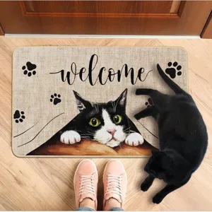 Cute tuxedo cat welcome doormat for indoor entrance floor mat home decor non-slip rug.