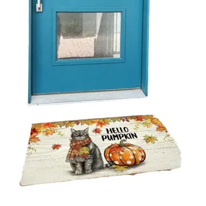 Fall cat pumpkin doormat, cute Thanksgiving entrance rug for porch, home decor floor mat.