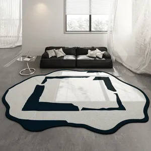 Vue détaillée d'un tapis de salon moderne et irrégulier avec un design géométrique abstrait.