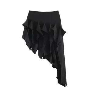 Detailed view of the black irregular ruffle midi skirt, showcasing unique drape and ribbon design.