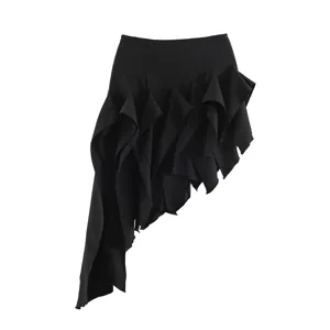 Detailed view of women's black asymmetric ruffle skirt, featuring draped ribbon and layers.