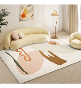 Detailed view of modern abstract geometric living room carpet, cozy minimalist home decor scene.