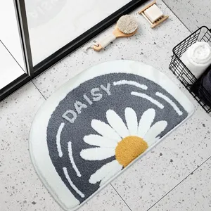Semi-circle bathroom mat with daisy flower pattern soft plush anti-slip floor rug