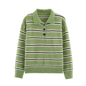 Green striped polo collar loose casual long sleeve knit sweater for women autumn.