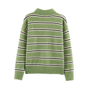 Green striped polo collar long sleeve knit sweater for women casual chic pullover top.