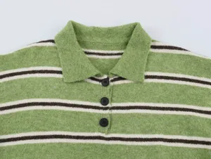 Green and white striped knit polo sweater for women, casual long sleeve pullover top detail.