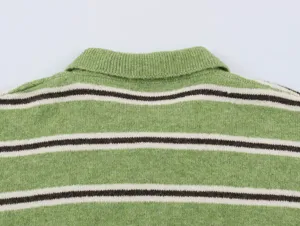 Green striped polo collar knit sweater detail shot, casual long sleeve pullover top for women.