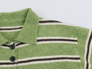 Green striped polo collar knit sweater detail shot showing texture and buttons clearly.
