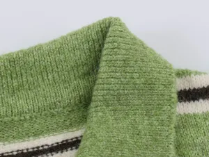 Close-up detail of green striped knit sweater collar, showing soft texture and cozy knit fabric.