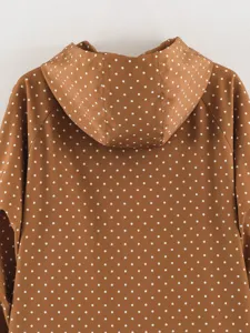 Brown polka dot hooded windbreaker jacket for women, stylish autumn outerwear piece.