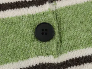 Green white brown striped knit sweater detail, soft woolen fabric with black button.