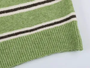 Close-up detail of green, white, and brown striped knitted sweater hem with ribbed texture.
