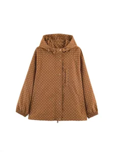 Trendy women's brown polka dot hooded windbreaker jacket with front buttons and practical pockets.