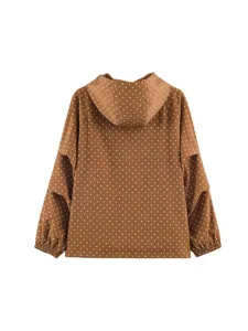 Brown polka dot hooded windbreaker jacket for women, stylish autumn outerwear casual coat.