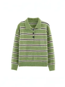 Vintage Striped Polo Collar Long Sleeve Sweater For Women Loose Fit Contrast Color Knitted Pullover Autumn Casual Top