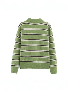Women's green striped polo sweater casual long sleeve knitwear for autumn daily wear.
