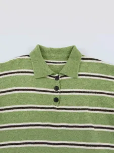 Green striped polo collar loose casual long sleeve sweater main view product display.