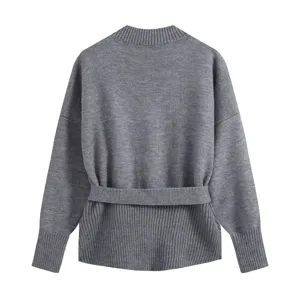 Grey knitted sweater back view detail, cozy long sleeve pullover with matching belt.