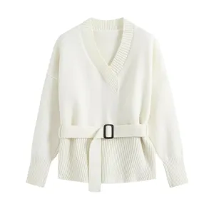 Women v-neck knit sweater with matching belt, casual solid color pullover top for autumn.