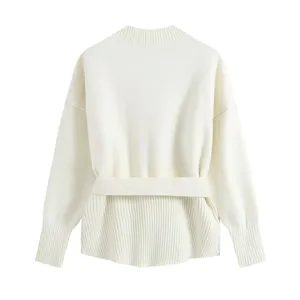 Detailed back view of a solid white knit sweater featuring a stylish matching waist belt.