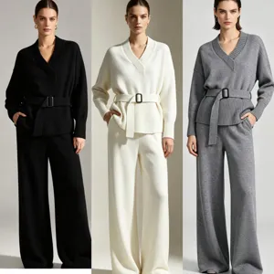 Women minimalist knit sweater set with wide leg pants and belt detail casual chic outfit.