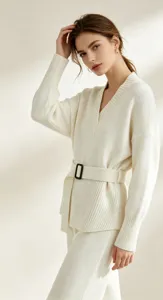 Detailed view of the women casual V-neck knitwear set with belt, featuring elegant style.
