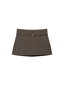 Women Plaid A-Line Mini Skirt With Belt Decoration High Waist Slimming Polyester Checkered Short Skirt For Daily Dating Lady Fashion Bottom
