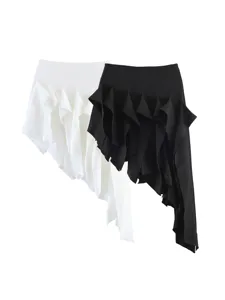 Women Elegant Irregular Ruffle Hem Midi Skirt Asymmetrical High Waist Flowy Patchwork Skirt With Sash Polyester Bottoms