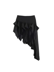 Black asymmetric ruffled skirt with drape ribbon design for women, elegant autumn fashion style.