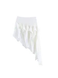 White asymmetrical ruffle skirt with drape ribbon design, stylish autumn women's bottom.