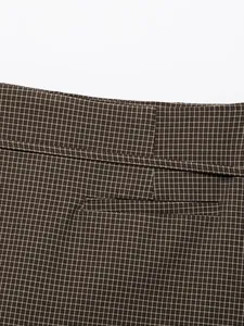 Women brown fine plaid mini skirt with belt detail, elegant autumn A-line short skirt.
